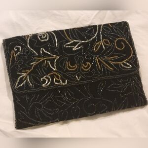 Black Beaded Vintage Clutch - Elegant Evening Bag